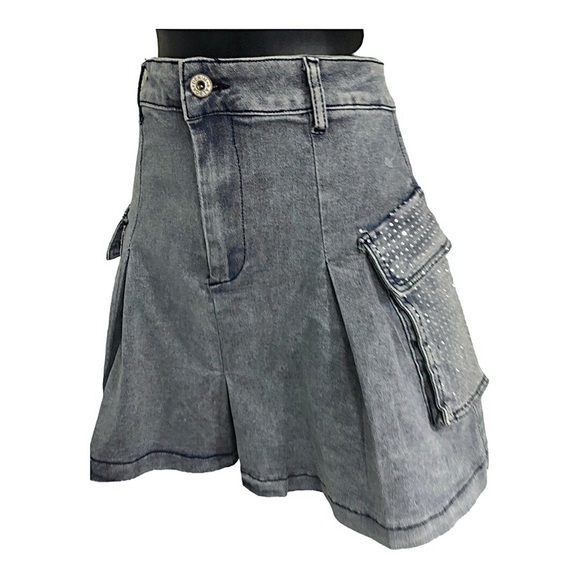 A-line crystal embellished rhinestone utility cargo style mini denim jeans skirt - Picture 4 of 15